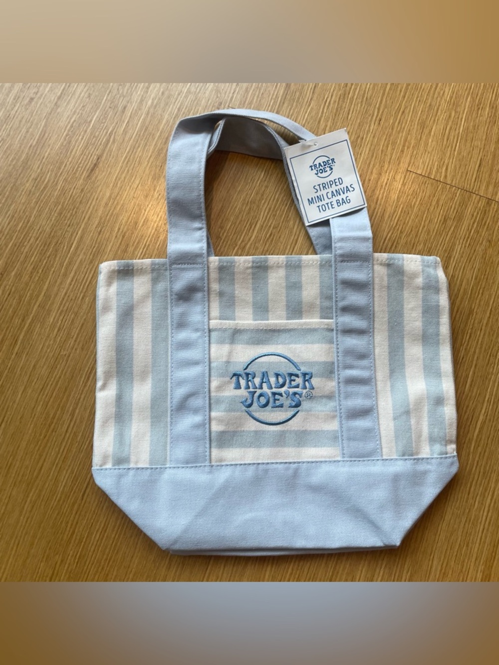 Trader Joe's Striped Mini Canvas Tote Bag Summer Pastel Light Blue & Cream